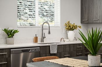 A modern kitchen with a stainless steel dishwasher and a sink with a faucet.